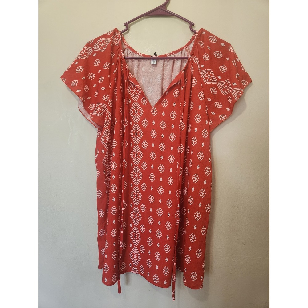 SimpleFun Womens Red Geometric Diamond Print Flutter Sleeve m Neck Blouse L NWT